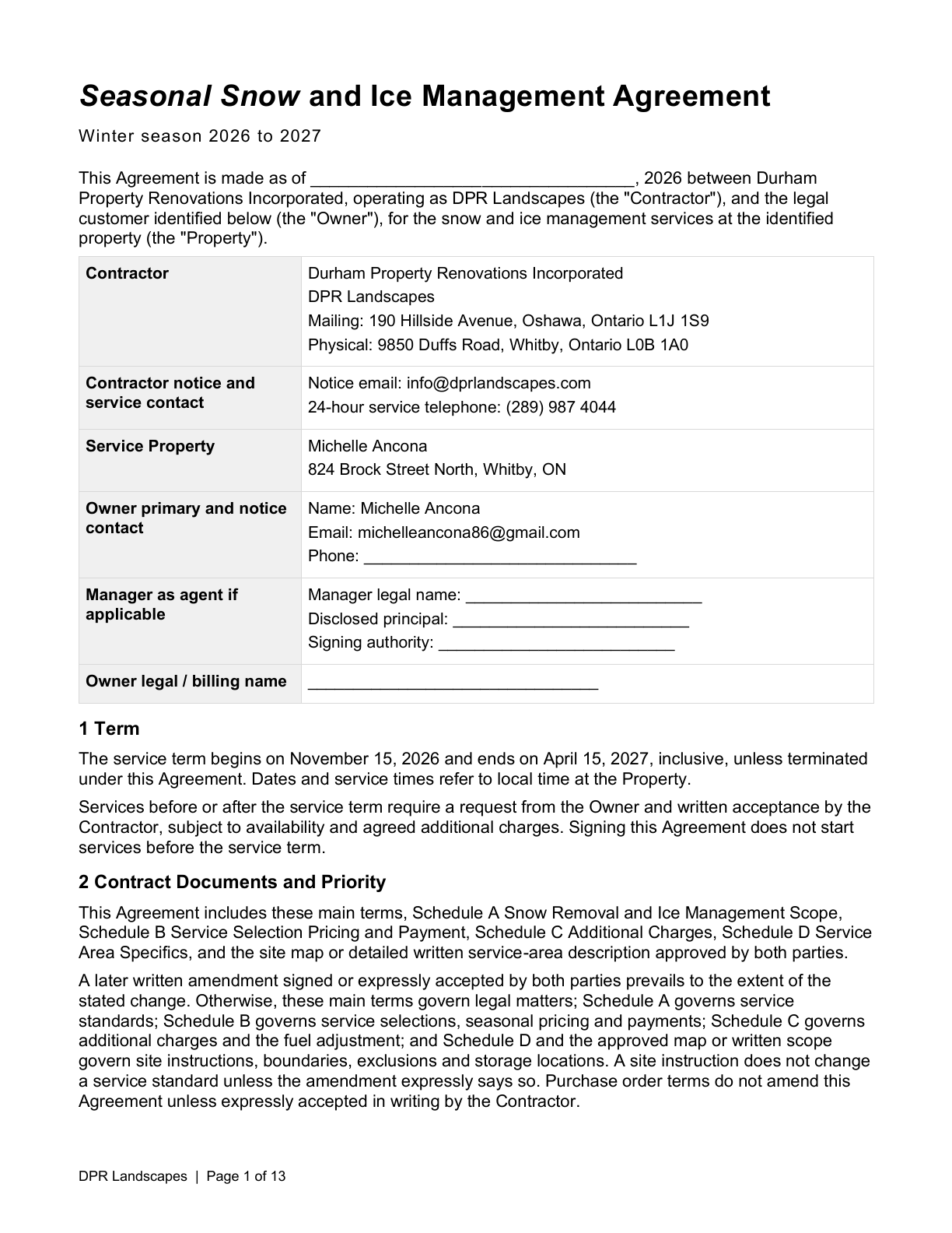 First page of the DPR-2627-005 winter service agreement for 824 Brock Street North